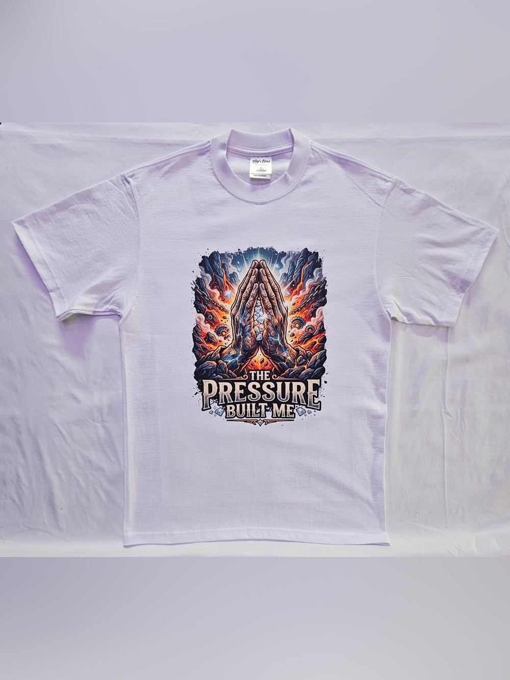 Men's White Graphic Tee - The Pressure Built Me Prayer Hands